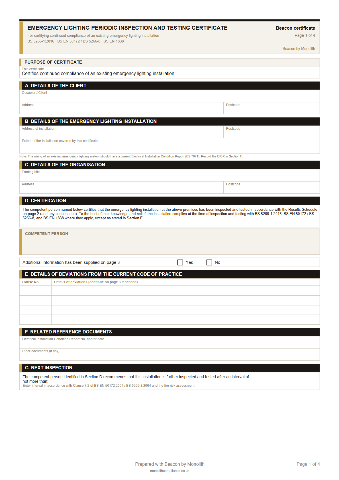 Blank Emergency Lighting Periodic Inspection and Testing Certificate template, page 1
