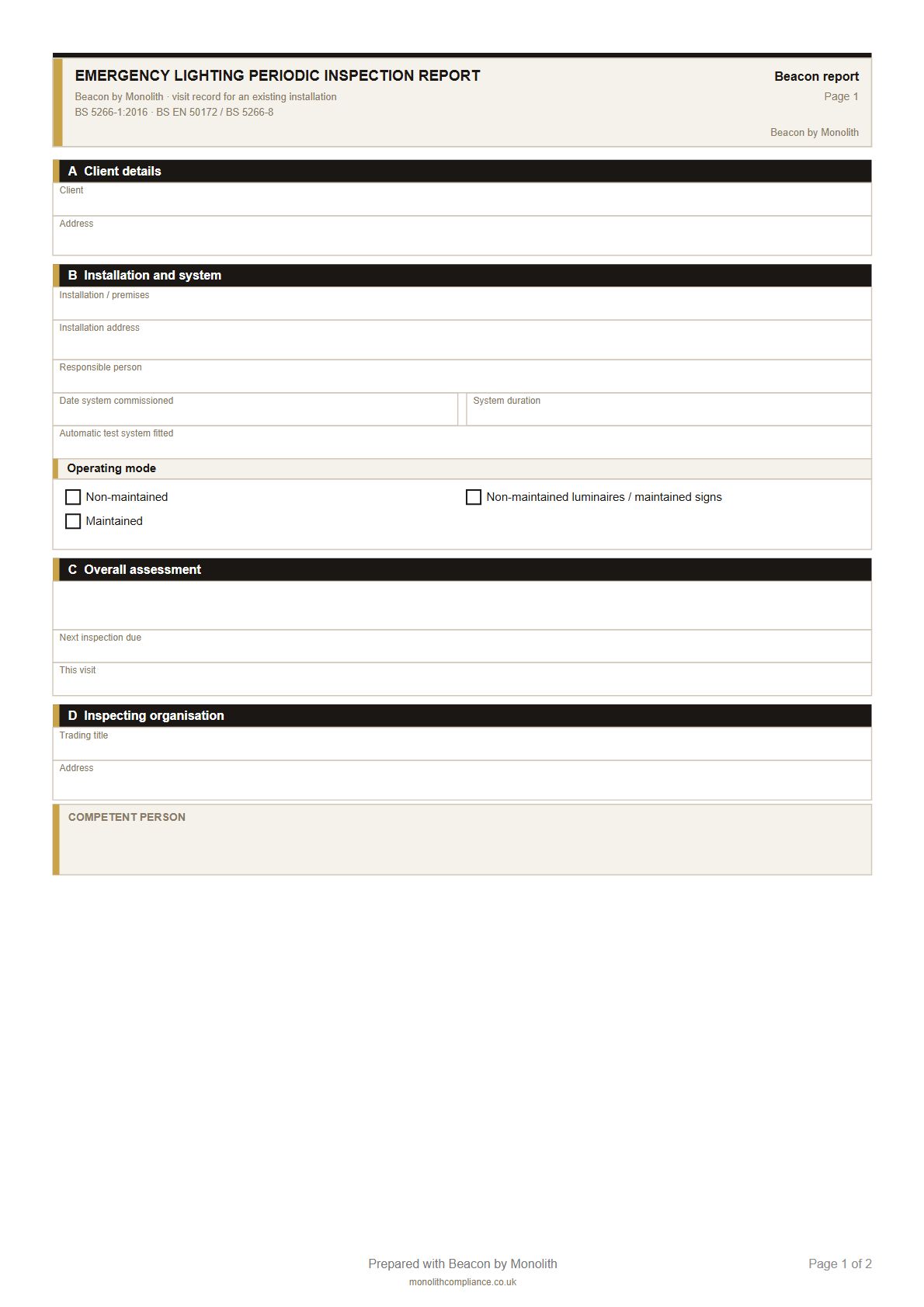 Blank Emergency Lighting Periodic Inspection Report template, page 1